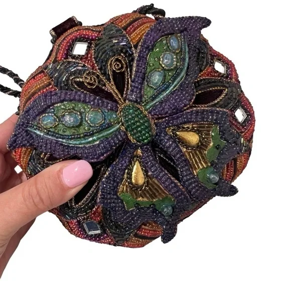 NWT VINTAGE MARY FRANCES Motif Butterfly Beaded Multicolor Round Shoulder Bag - Picture 2 of 8